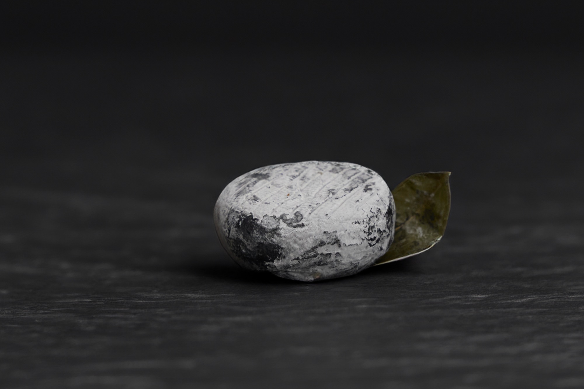Petit chèvre cendré posé sur une feuille verte, sur ardoise