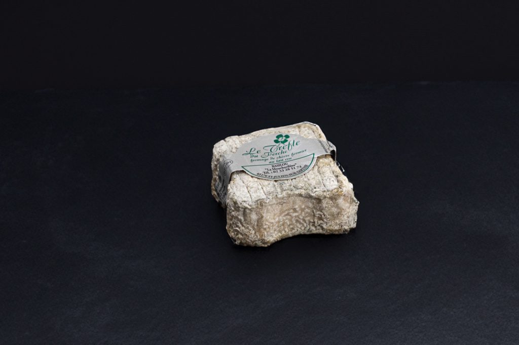Le Trèfle, fromage de chèvre avec son étiquette au trèfle vert, sur ardoise