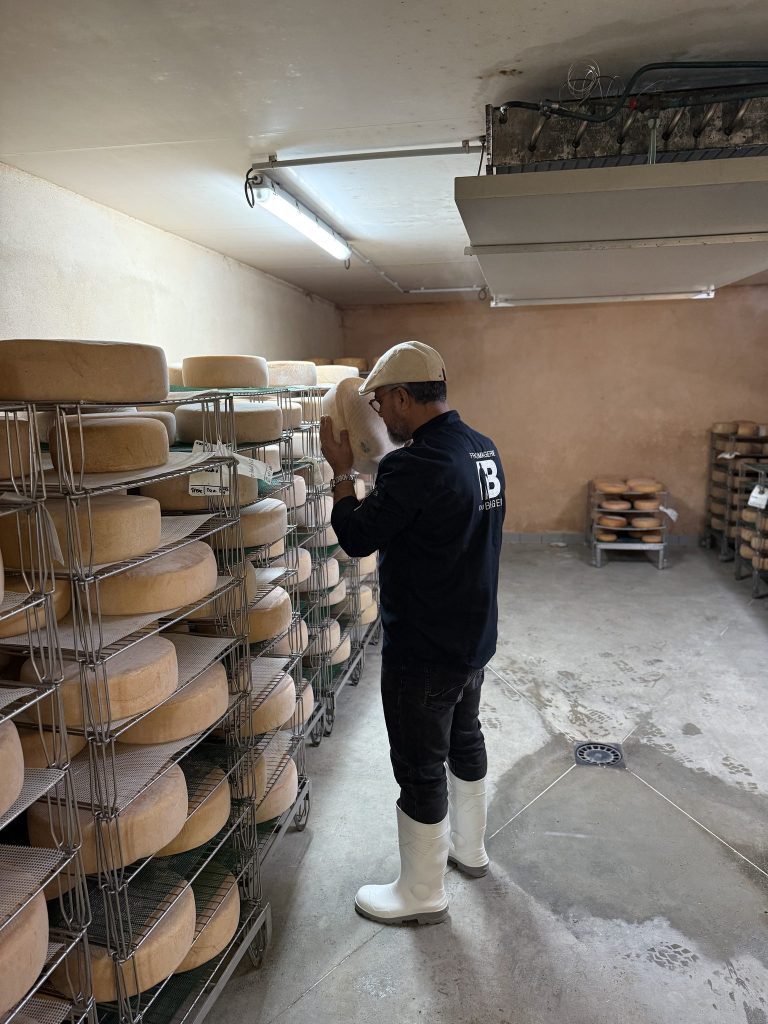 Mohammed Barkaoui range une meule sur les clayettes de la cave