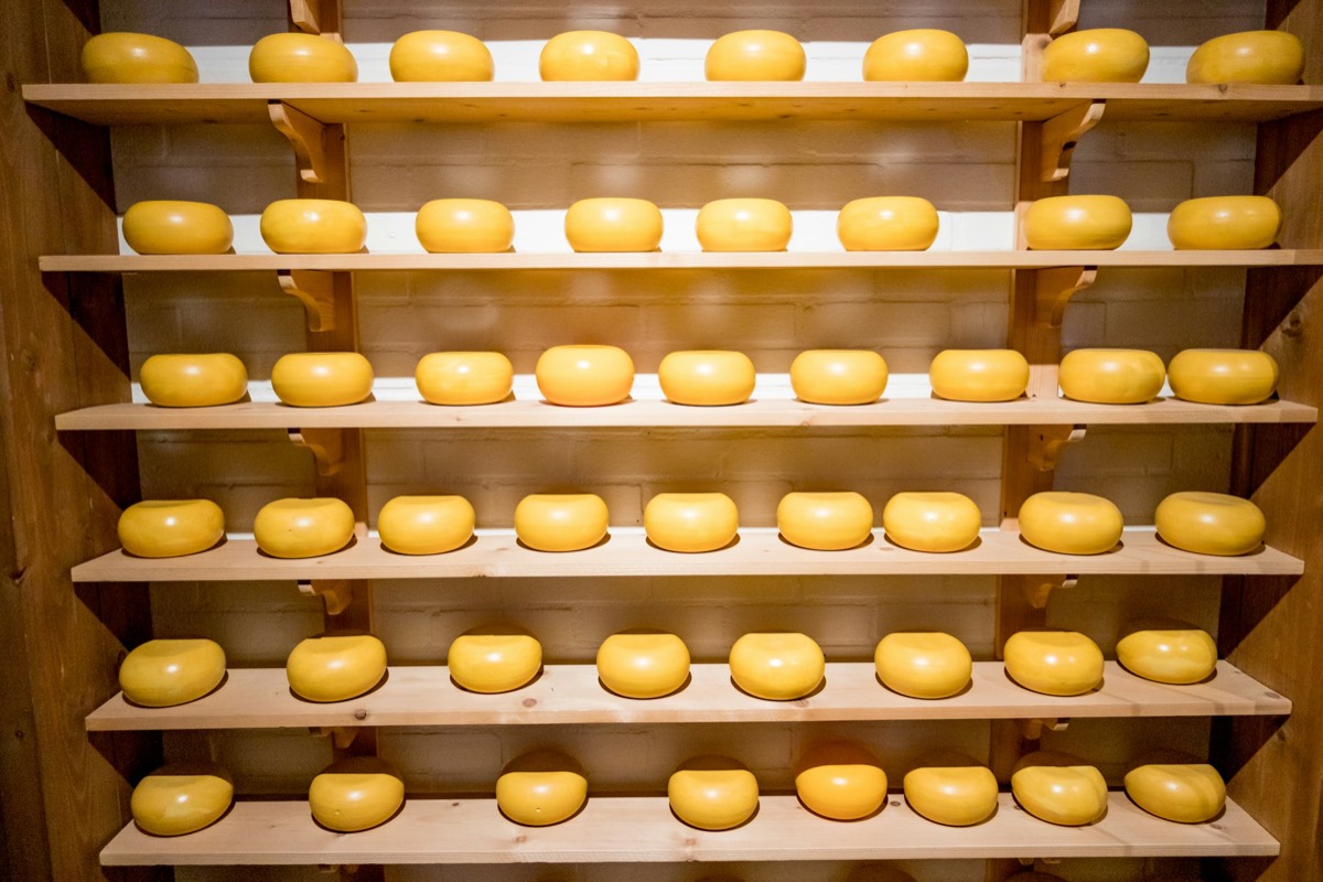 Meules de fromage en cours d’affinage sur des étagères en bois